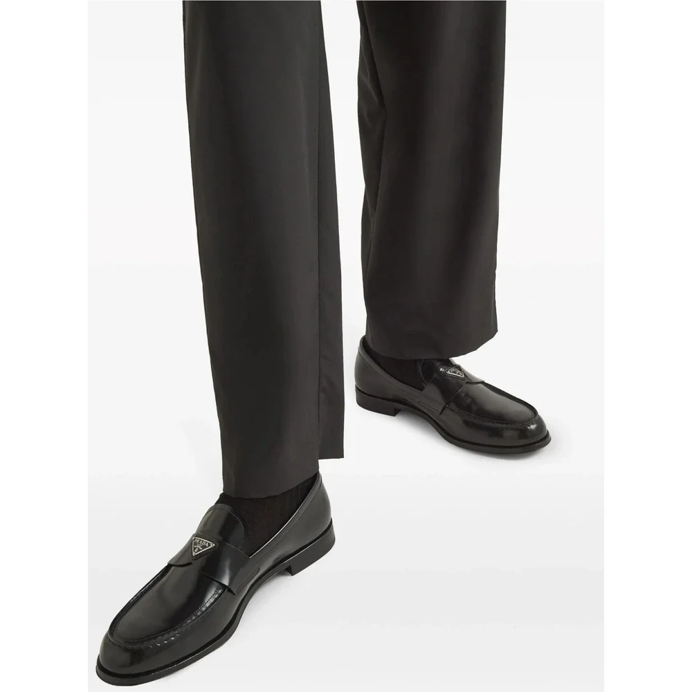 Prada Black Brushed Leather Triangle Logo Classic Loafer SlipOn Flat UK 12 US 13 - Picture 9 of 16